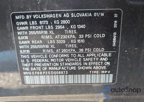 2014 Volkswagen Touareg 3.6L Sport z USA, uszkodzony, nr VIN WVGEF9BP2ED008972